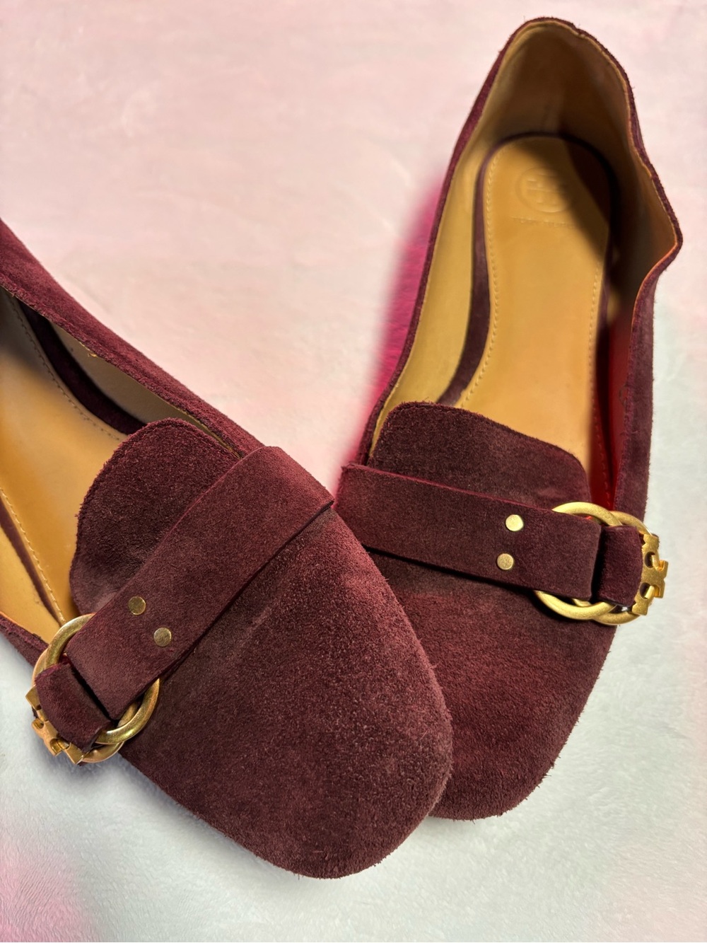 Tory Burch Marsden Burgundy Suede Loafers with Gold Buckle - Picture 6 of 8